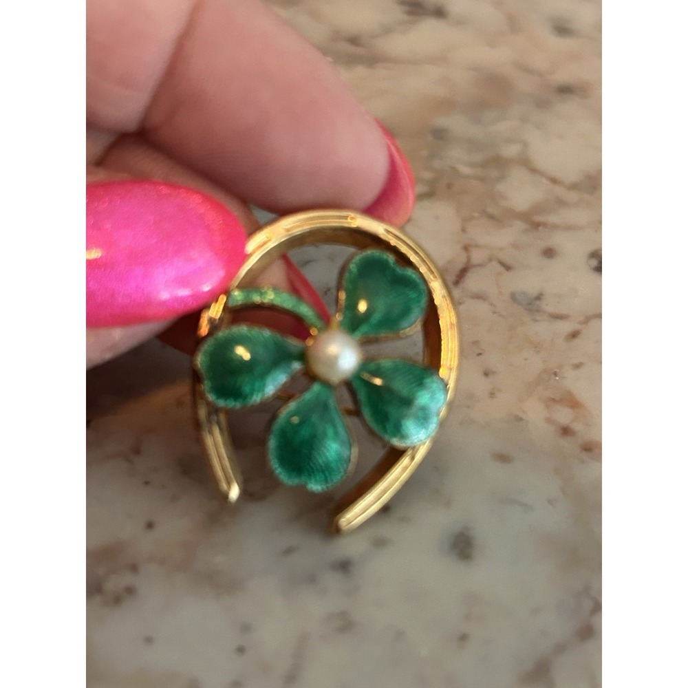VINTAGE‎ LUCKY BROOCH PIN EMERALD GREEN GUILLOCHE ENAMEL SHAMROCK HORSESHOE LUCK